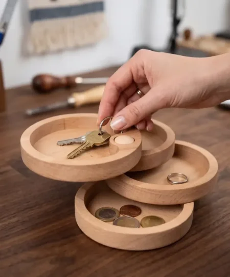 Ruka pažljivo odlaže ključeve i kovanice u modularni drveni organizer na radnom stolu.