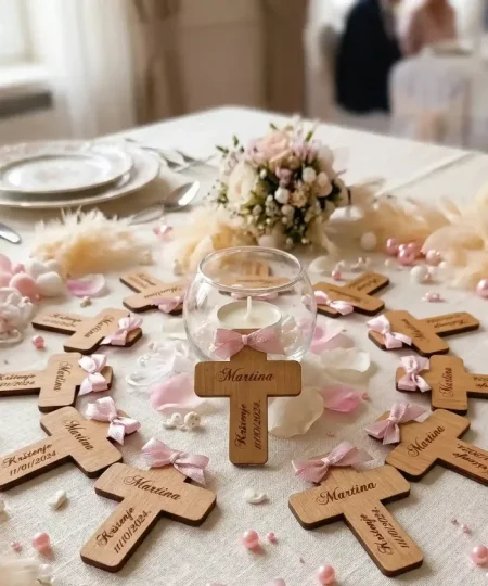Personalizirane drvene zahvalnice u obliku križa s ružičastim ma&scaron;nicama raspoređene kao dekoracija na svečanom stolu uz svijeću i cvijeće