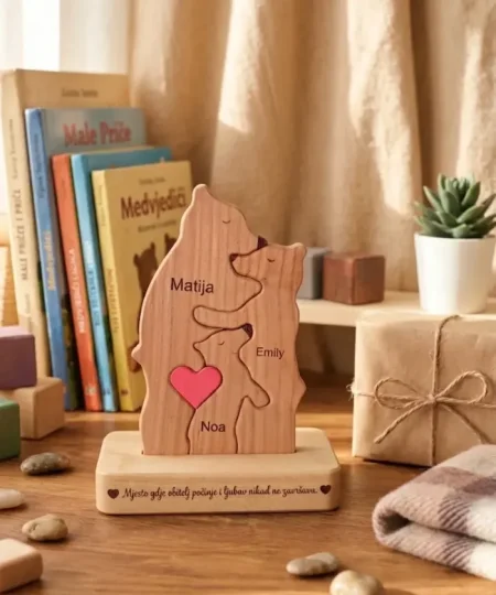 Personalizirani drveni poklon za roditelje koji prikazuje povezanost obitelji kroz figure medvjeda s gravurom i porukom o ljubavi