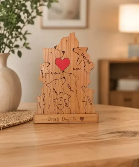 Drvena obitelj medvjeda s imenima kao personalizirani poklon za obitelj