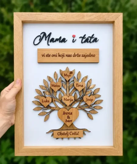 Personalizirani drveni okvir Mama i tata s obiteljskim stablom i imenima članova obitelji