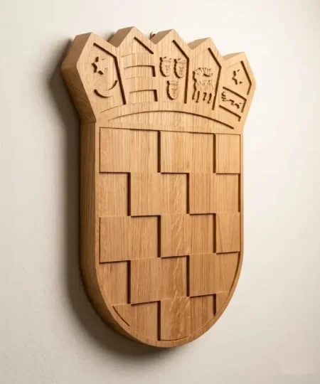 Masivni drveni hrvatski grb od slavonskog hrasta, izrađen kao zidni ukras